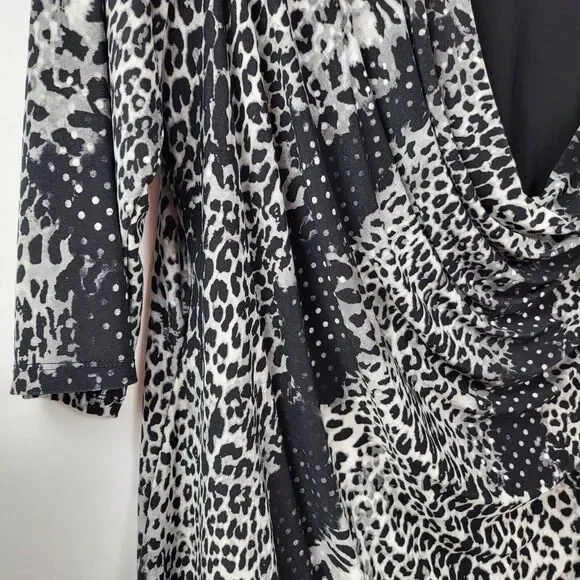 Suzie in the City Blouse Women 1X Black White Leopard print Cowl Neck Layered - Picture 5 of 9